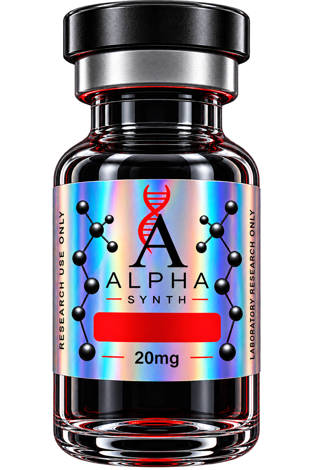 Alpha Synth research peptide vial with red glow